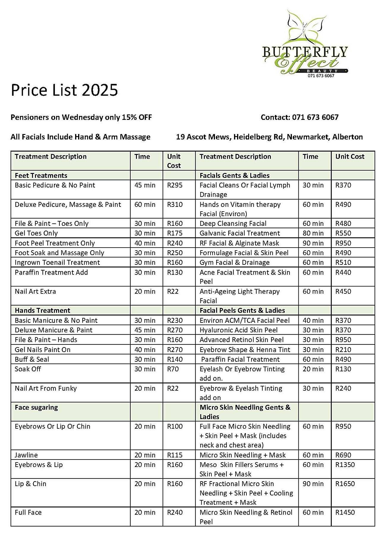 Butterfly Effect Beauty - Price List - Facials - Sugaring
