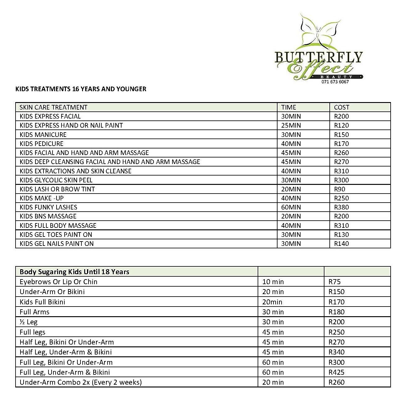 Butterfly Effect Beauty - Price List - Kids Treatments