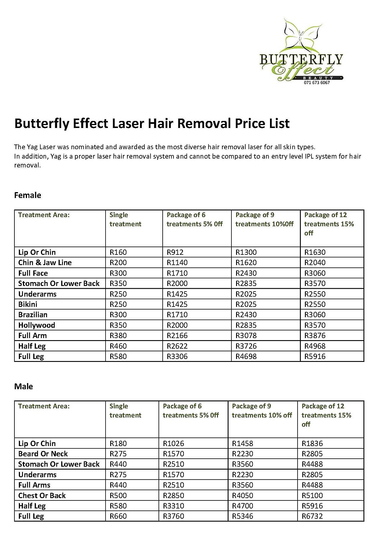 Butterfly Effect Beauty - Price List - Laser Hair Removal