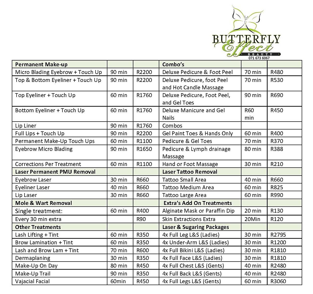Butterfly Effect Beauty - Price List - Permanent Makeup