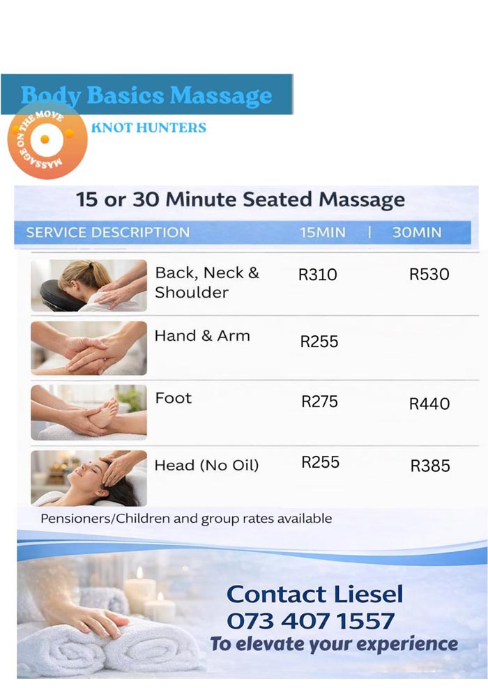 Body Basics Massage on the Move - Seated Massage on the train price list