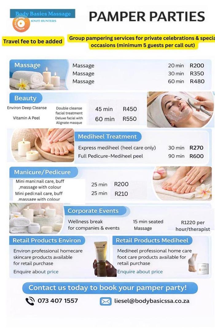 Body Basics on the Move Pamper Parties - Price List