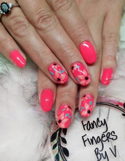 Fancy Finger by V - Bright coral nails with floral art b