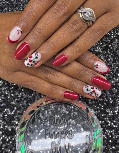Fancy Finger by V - Red and white nails with red cherry art b