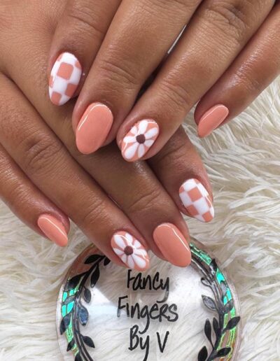 Fancy Fingers by V - Salmon pink nails with checkered and floral art
