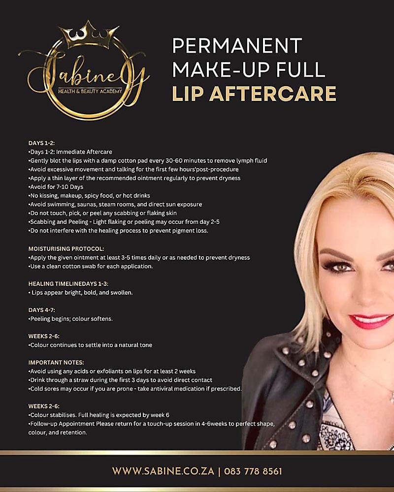 SabineG Health and Beauty Academy - PMU Full lip aftercare