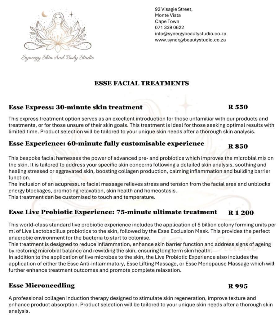 Synergy Skin and Body Studio - Price List - Esse Facial Treatments