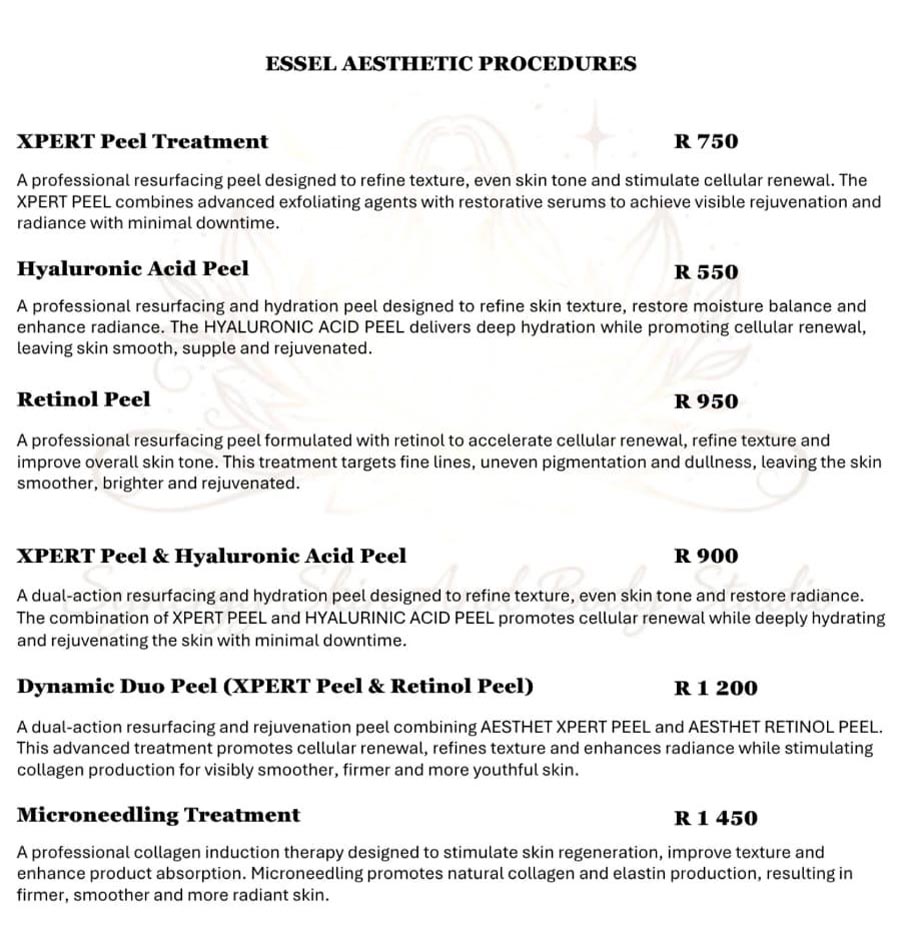 Synergy Skin and Body Studio - Price List - Essel Aesthetic Procedures 1