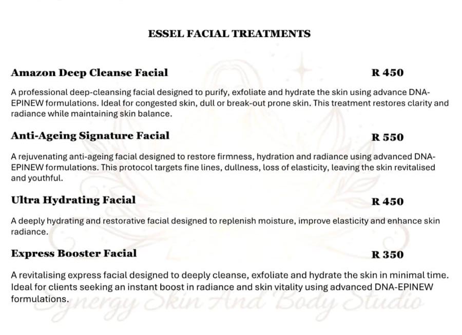 Synergy Skin and Body Studio - Price List - Essel Facial Treatments