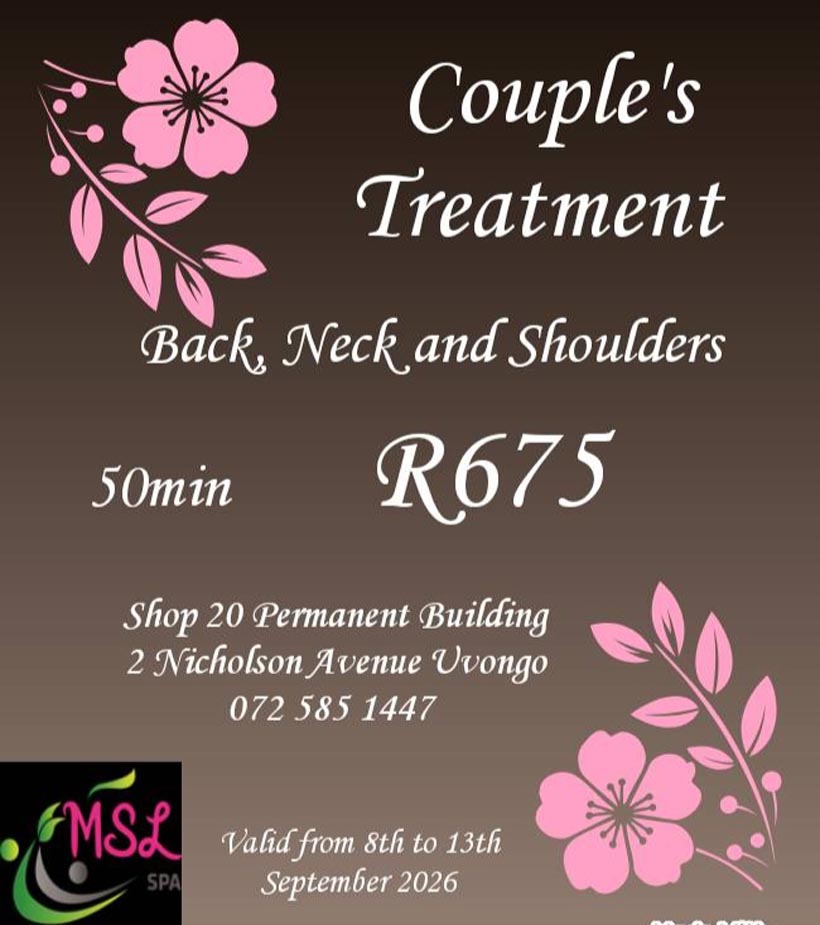 MSL SPA - September Promotion - Couples Treatment - Uvongo KZN
