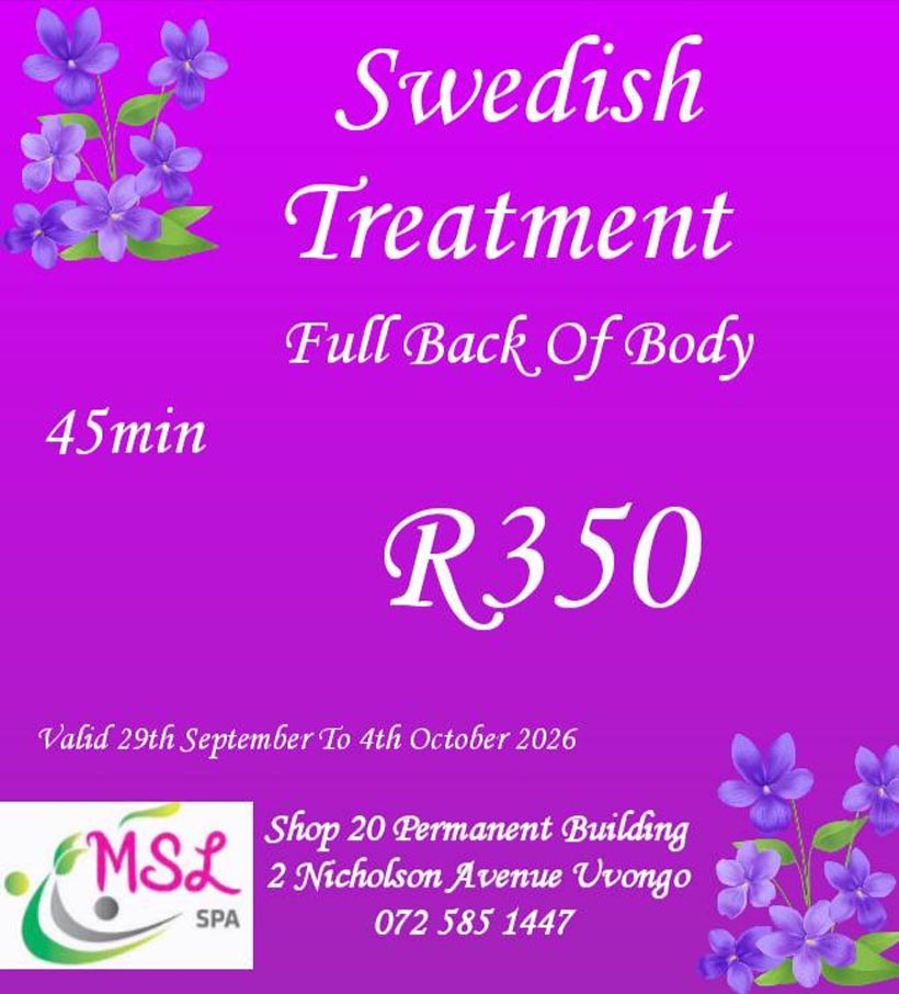 MSL SPA - September Promotion - Swedish Back Massage - Uvongo KZN