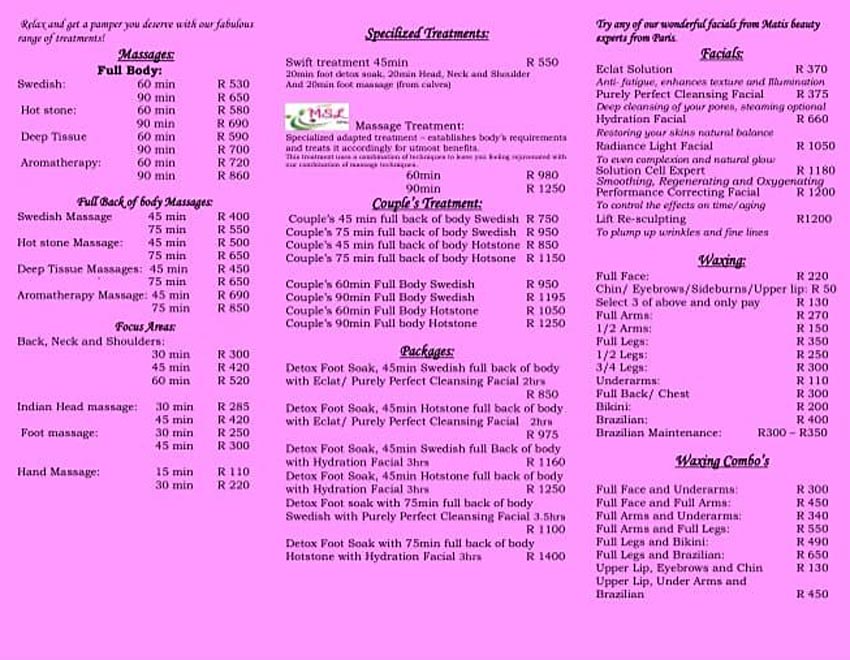 MSL Spa - Price List 1